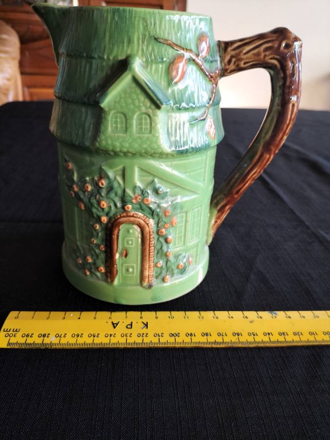 Stunning Vintage Village Cottage Green Ceramic Pitcher