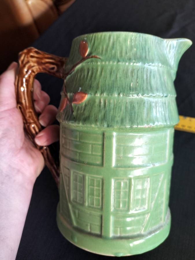 Stunning Vintage Village Cottage Green Ceramic Pitcher