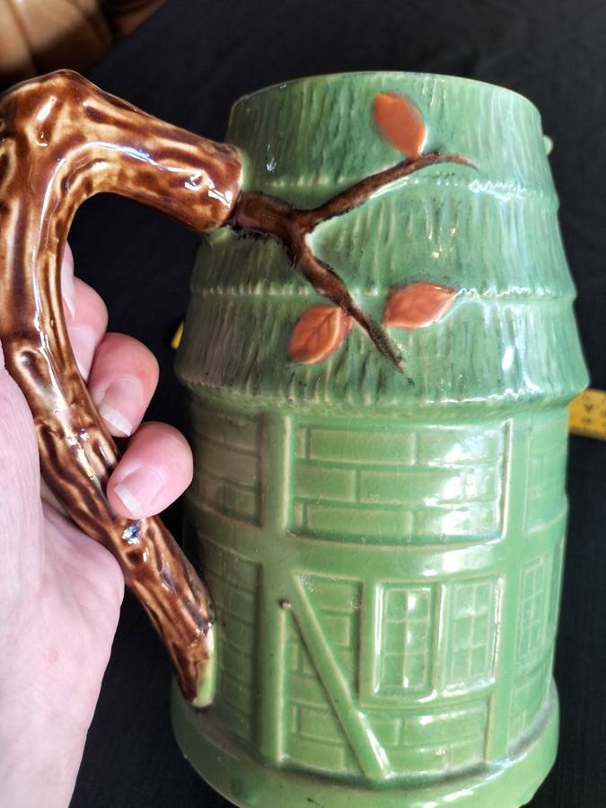 Stunning Vintage Village Cottage Green Ceramic Pitcher