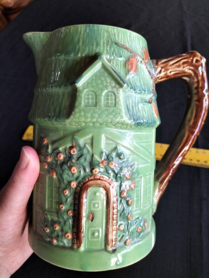 Stunning Vintage Village Cottage Green Ceramic Pitcher