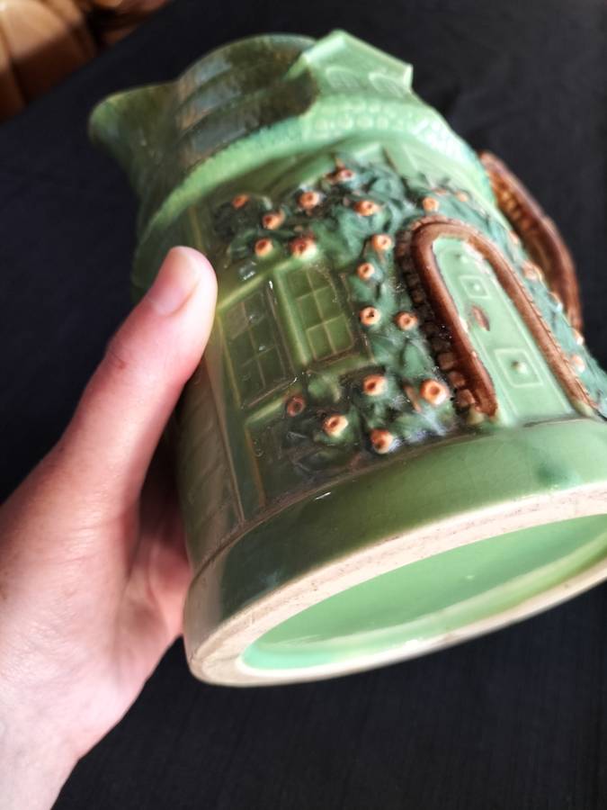 Stunning Vintage Village Cottage Green Ceramic Pitcher