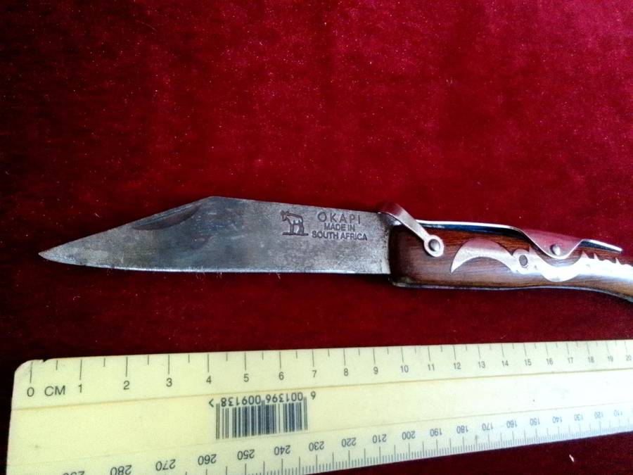 Stunning Vintage South Africa Okapi Folding Pocket Knife With Wooden Handle With Metal Designs