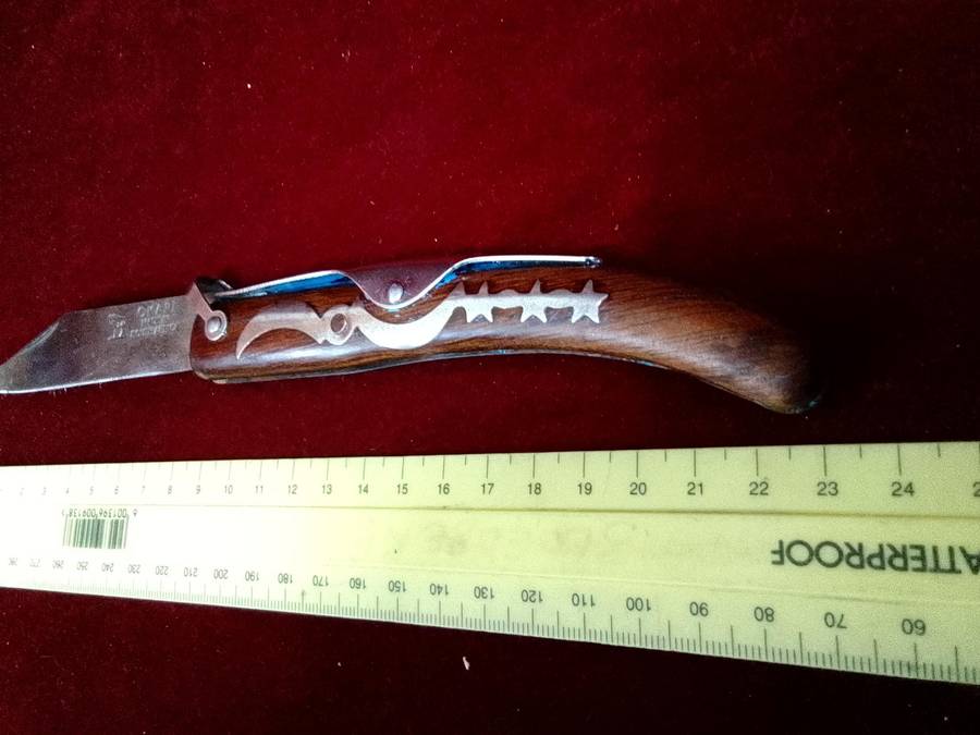 Stunning Vintage South Africa Okapi Folding Pocket Knife With Wooden Handle With Metal Designs