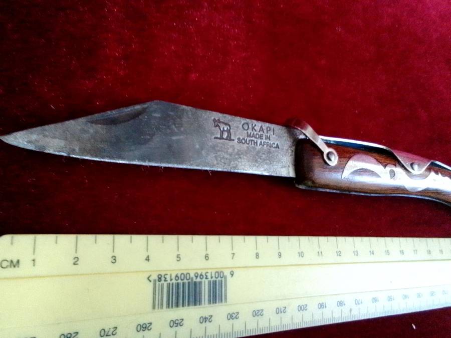 Stunning Vintage South Africa Okapi Folding Pocket Knife With Wooden Handle With Metal Designs