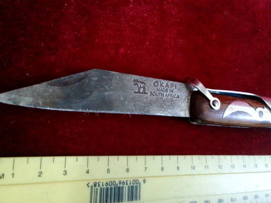 Stunning Vintage South Africa Okapi Folding Pocket Knife With Wooden Handle With Metal Designs