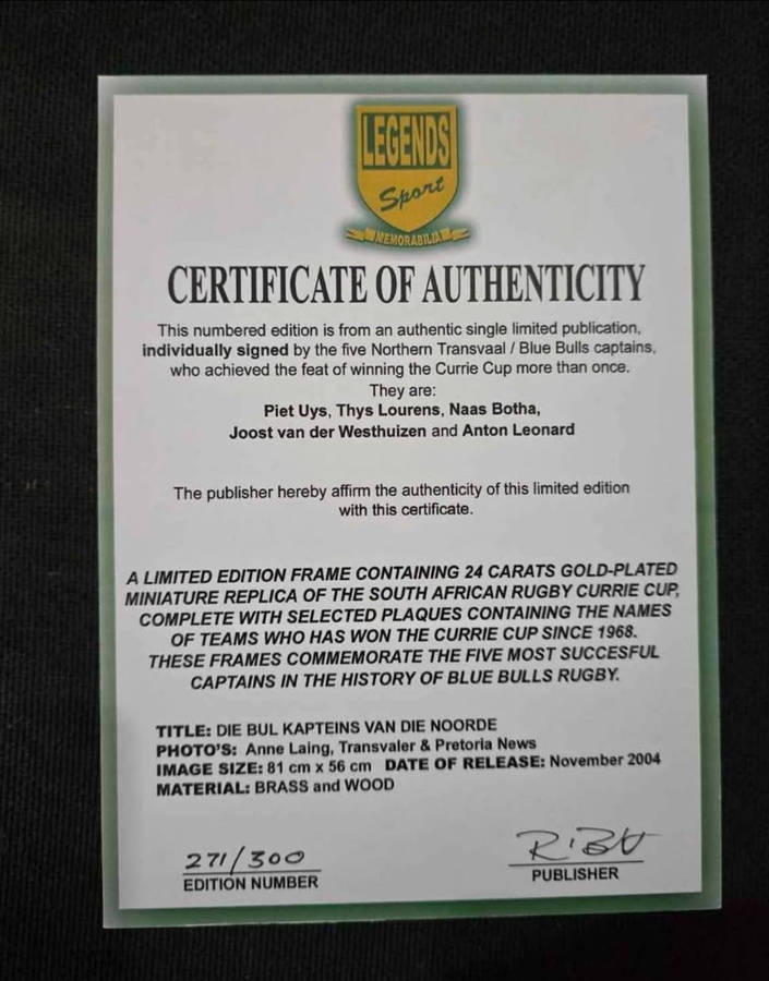 Limited Edition Framed Blue Bulls Rugby Memrobelia With Certifications