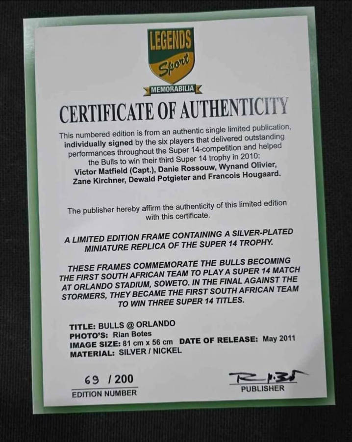 Limited Edition Framed Blue Bulls Rugby Memrobelia With Certifications