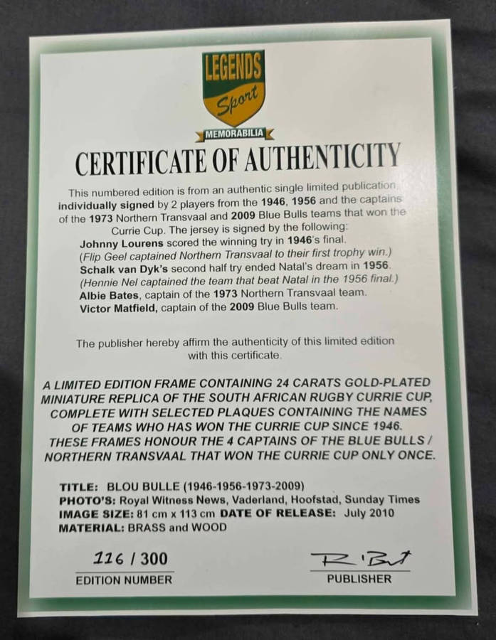 Limited Edition Framed Blue Bulls Rugby Memrobelia With Certifications