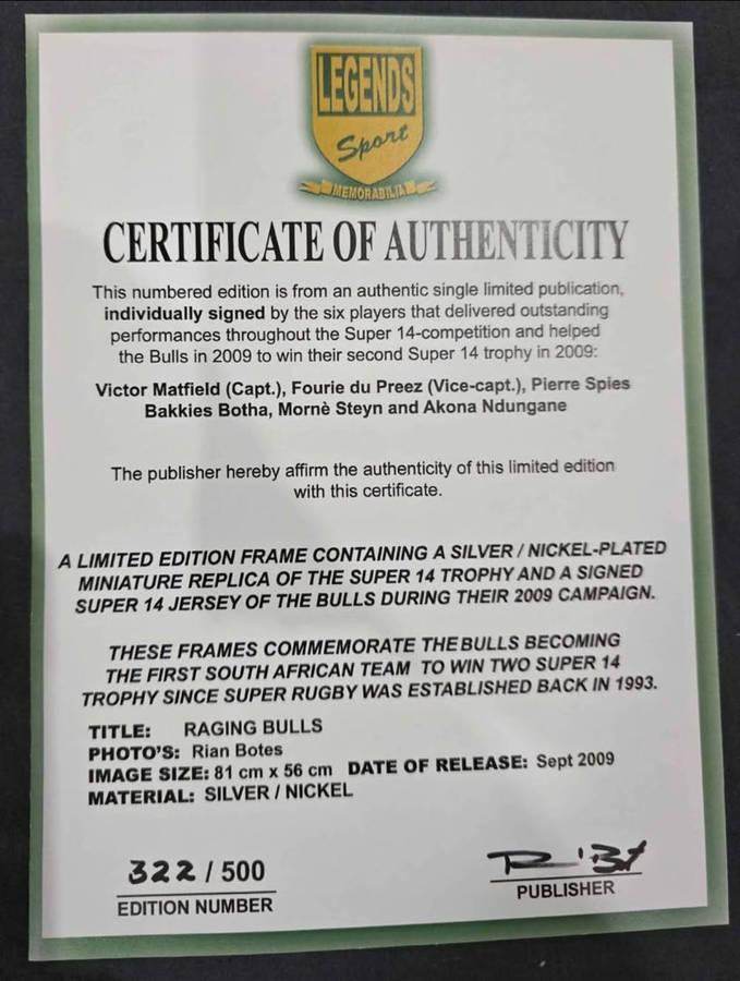 Limited Edition Framed Blue Bulls Rugby Memrobelia With Certifications