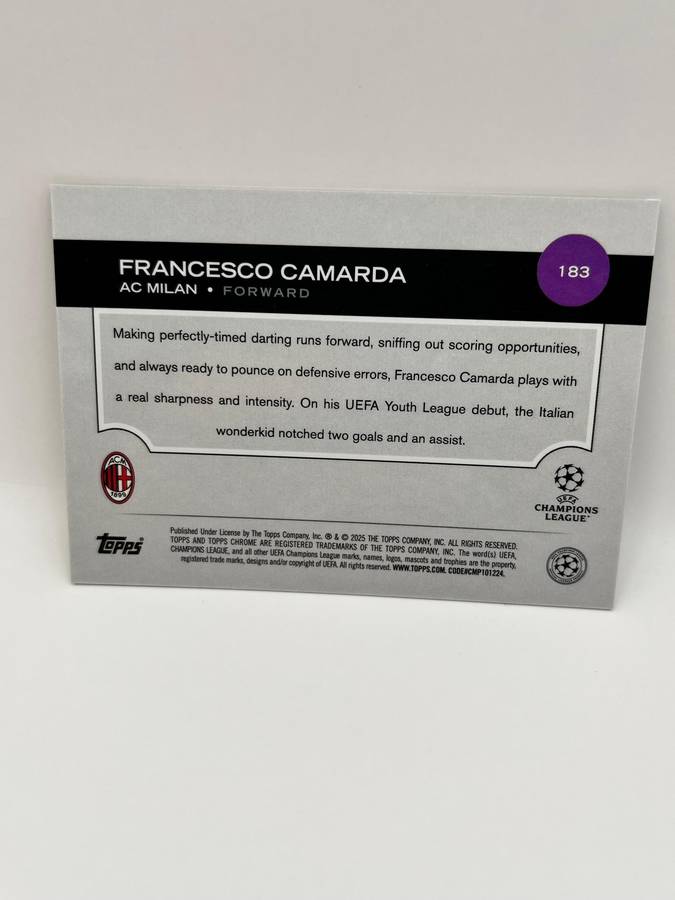 Limited Print 2024-25 Topps Chrome UEFA Francesco Camarda AC MILAN Gold Lava /50