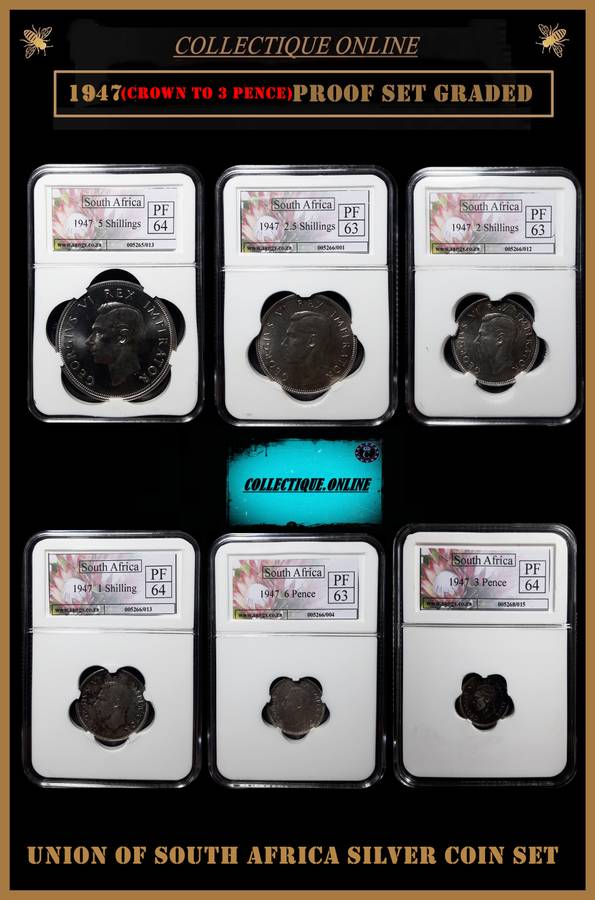 1947 : UNION of S. A. : CROWN to 3 PENCE : EXCELLENT SILVER PROOF SET : ONE BID TAKE THE SET.