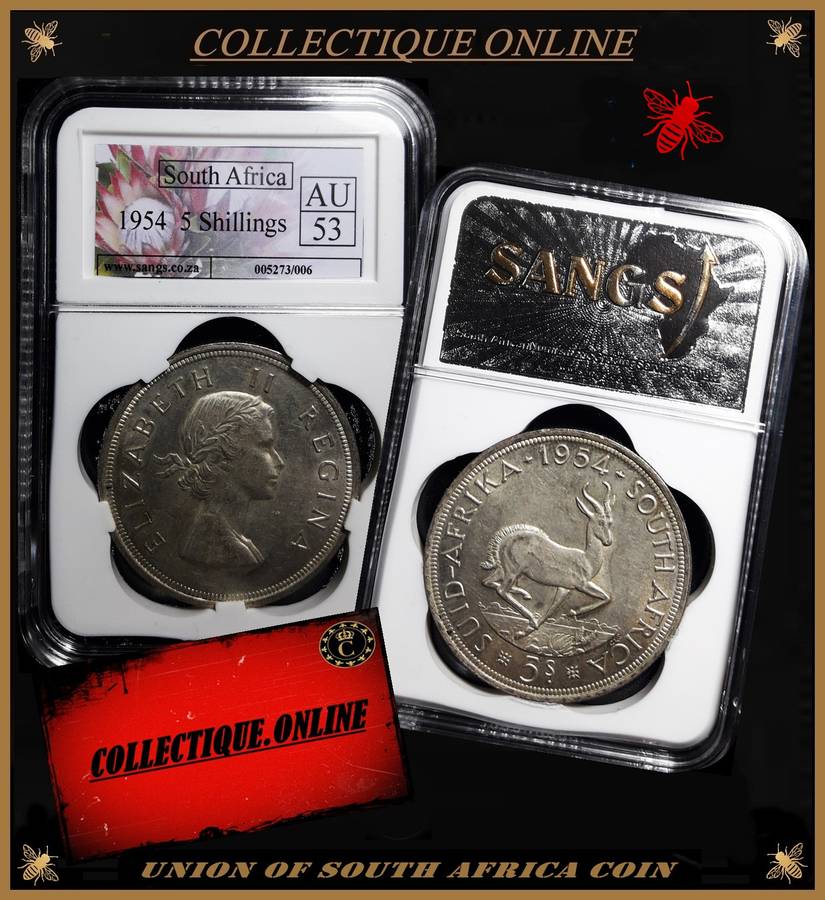 1954 : Union of S. A. : 5 SCHILLINGS : LOW MINTED : 17.040 : GRADED AU 53 : GRADE By S.A.N.G.S.