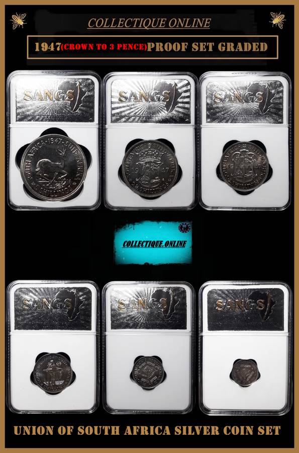 1947 : UNION of S. A. : CROWN to 3 PENCE : EXCELLENT SILVER PROOF SET : ONE BID TAKE THE SET.