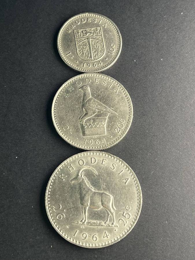 1954 Rhodesian, 10 cents, 20 cents, 25 cents coins