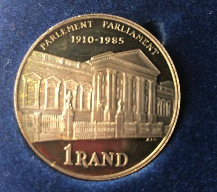 Silver One Rand Coin 1985 Houses of Parliament 1910 to 1985