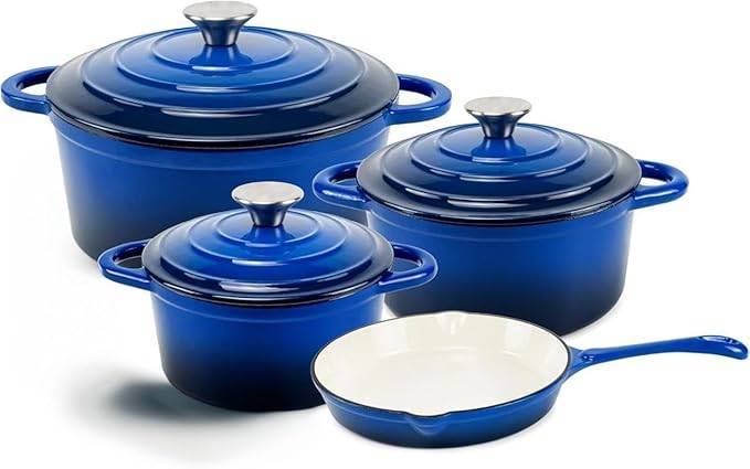 LMA Authentic 7 Piece Cast Iron Dutch Oven Cookware Set - Blue
