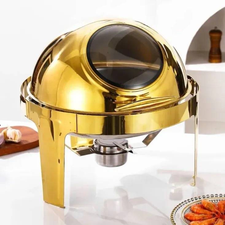 Roll Top Chafing Dish Round with Window - Gold 9 l Single Pan