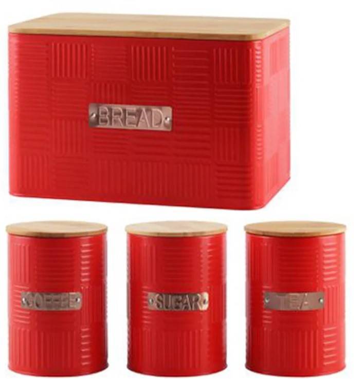 Totally Home Bread Bin Steel Design with Bamboo Lid and 3 Piece Red