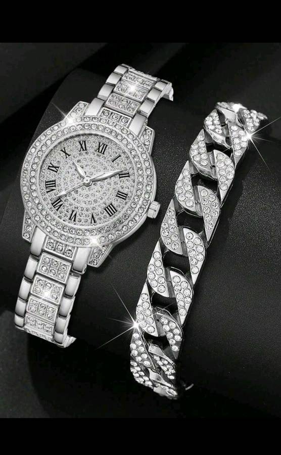 Wow amazing luxurious luxurious 2pc diamond decor Quartz Watch set