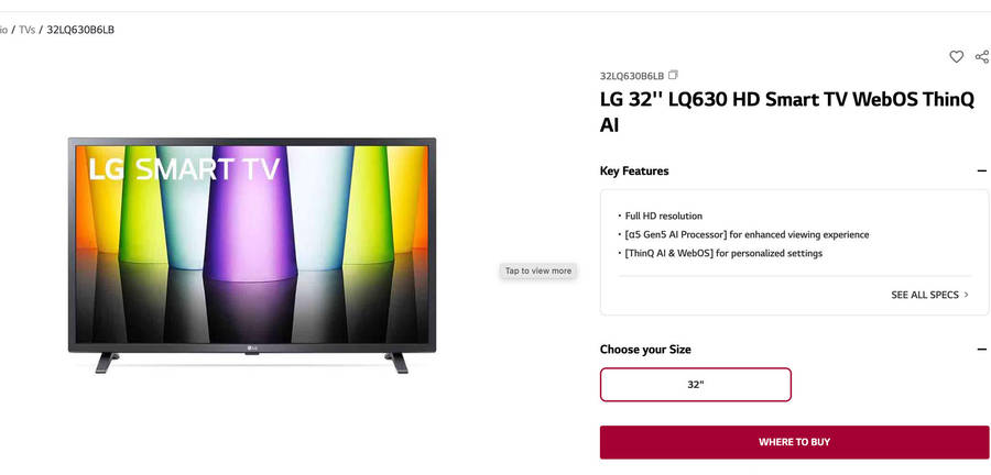 LG 32'' LQ630 HD Smart TV WebOS ThinQ AI