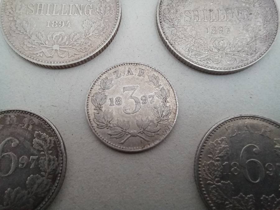 Collection of Five ZAR Paul Kruger 1894 and 1897 Sterling Silver Coins!