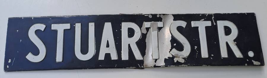1950 Metal press Street name sign. Stuart str. Pretoria.