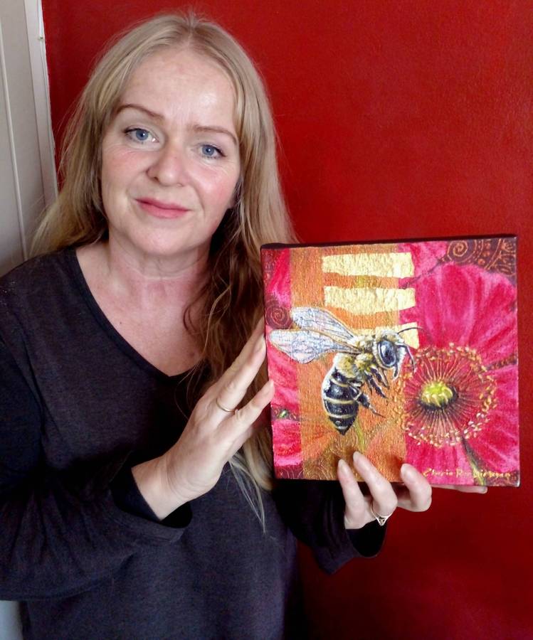 "Honey Bee with Poppy" Original Painting by South African Artist, Cherie Roe Dirksen