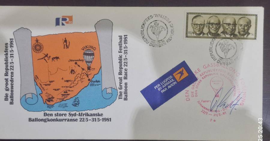 SA Balloon post Commemorative cover - Great Republic Festival 1981, original signature of the farer