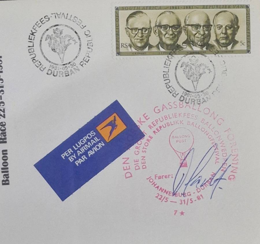 SA Balloon post Commemorative cover - Great Republic Festival 1981, original signature of the farer