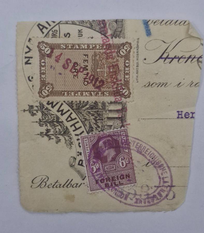 British King Edward VII 6d Foreign bill and Swedish 50 Ore Revenue stamp on paper
