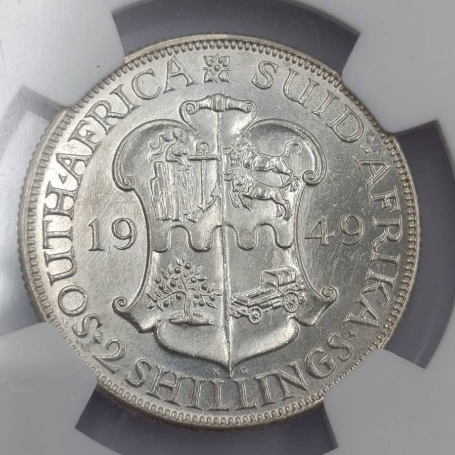 1949 SA Union 2 shilling graded MS62 by NGC