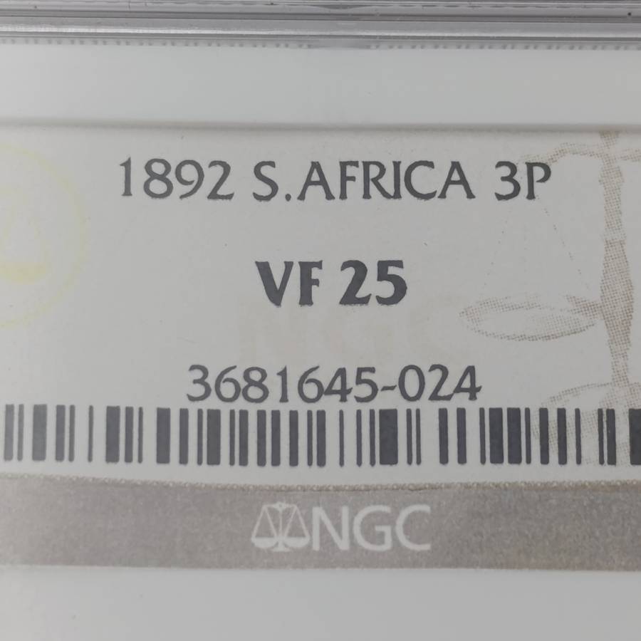 1892 ZAR Kruger silver 3 pence tickey graded VF25 by NGC