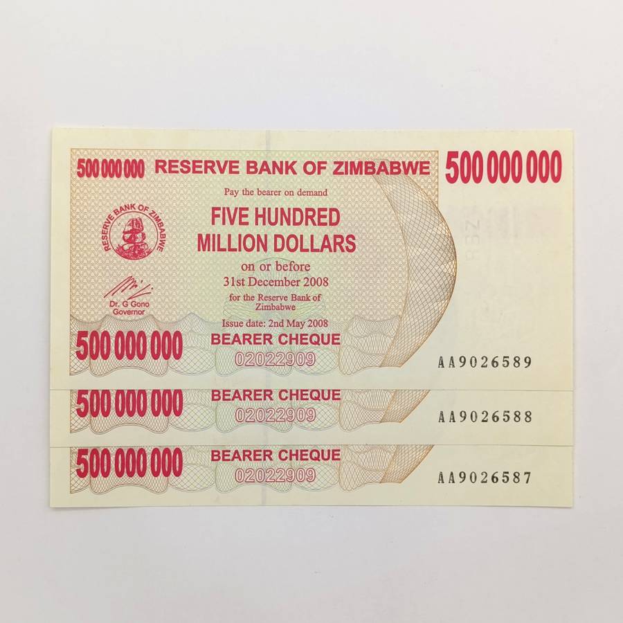 Zimbabwe 500 Million Bearer cheque issued 2nd May 2008 consecutive numbered lot of 3 banknotes