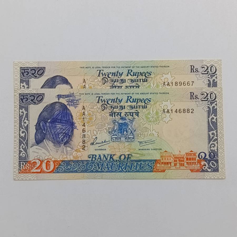 Mauritius 20 Rupees P-36  banknote - Pair - one disfigured