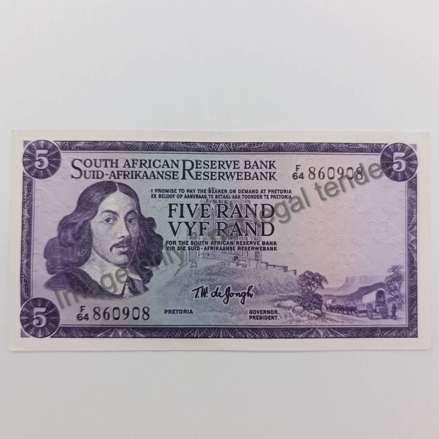 South Africa TW de Jongh R5 banknote F64 - uncirculated with fine creases - First issue