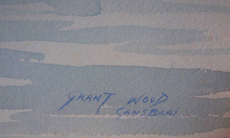 Exquisite original watercolour of moored boats in Gansbaai. Signed by Grant Wood.