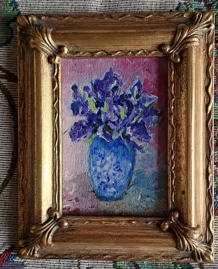 Beautiful little miniature original, still life painting in ornate gilded frame Irises in Blue Vase