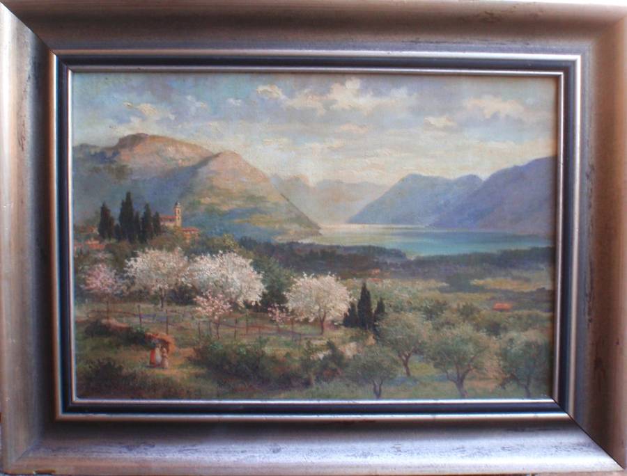 Beautiful antique oil painting of Springtime with blossoming trees - lovely detail. A real gem.