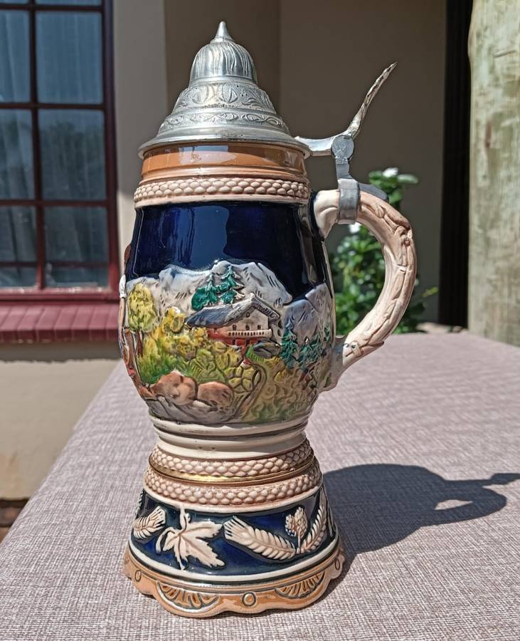 Vintage 1950s Albert Thewalt Germany Stoneware Lidded Beer Stein 1198 Country Scene Mould