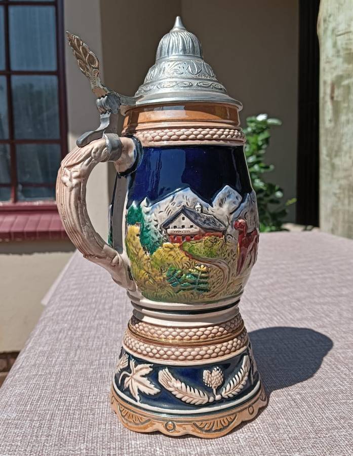 Vintage 1950s Albert Thewalt Germany Stoneware Lidded Beer Stein 1198 Country Scene Mould