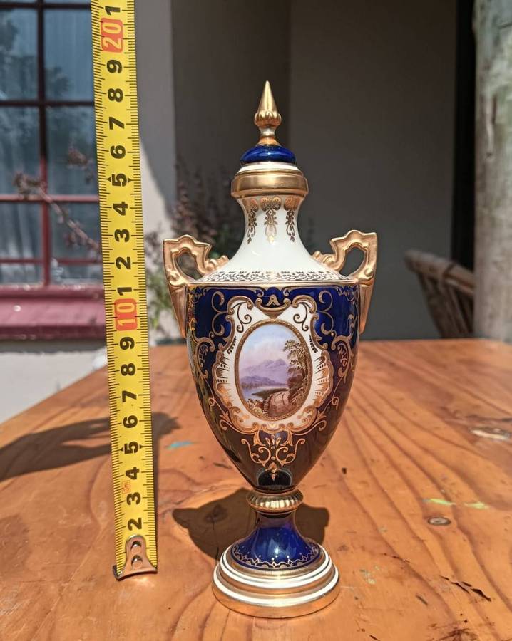 Antique (1891-1920) Coalport Cobalt Blue Miniature Lidded Urn / Amphora Vase 15cm High - Lid Repair