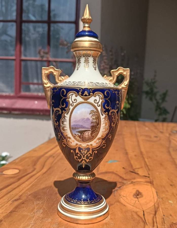 Antique (1891-1920) Coalport Cobalt Blue Miniature Lidded Urn / Amphora Vase 15cm High - Lid Repair
