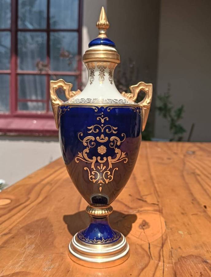 Antique (1891-1920) Coalport Cobalt Blue Miniature Lidded Urn / Amphora Vase 15cm High - Lid Repair