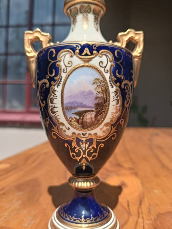 Antique (1891-1920) Coalport Cobalt Blue Miniature Lidded Urn / Amphora Vase 15cm High - Lid Repair