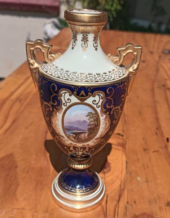 Antique (1891-1920) Coalport Cobalt Blue Miniature Lidded Urn / Amphora Vase 15cm High - Lid Repair
