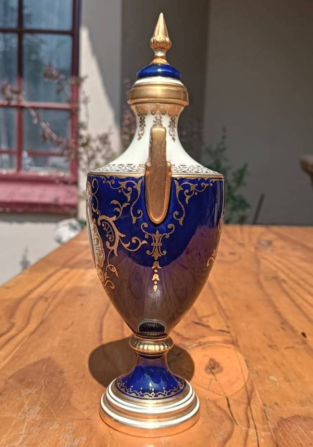 Antique (1891-1920) Coalport Cobalt Blue Miniature Lidded Urn / Amphora Vase 15cm High - Lid Repair