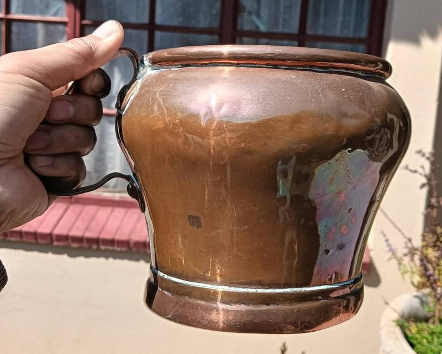 Antique Handheld Copper Jug with Riveted Handle 14cm High Weight 940g