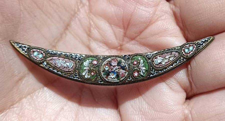 Fabbrica Angelo Pessar (Signed FAP) Antique (c1870-1910) Italian Micro Mosaic Quarter Moon Brooch