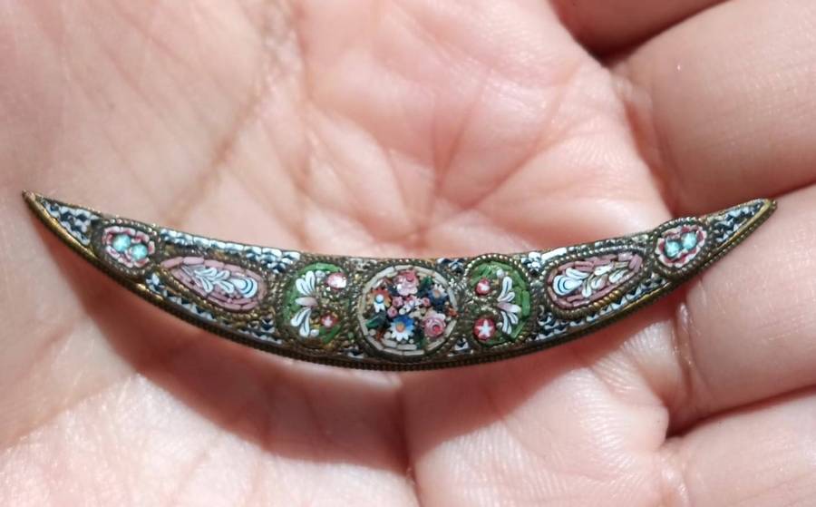 Fabbrica Angelo Pessar (Signed FAP) Antique (c1870-1910) Italian Micro Mosaic Quarter Moon Brooch
