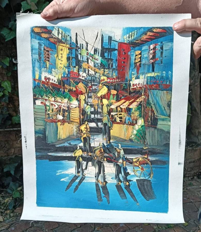 Colourful Original Oil on Canvas Asian Street Scene with Rickshaws and Street Vendors Vintage 1970s